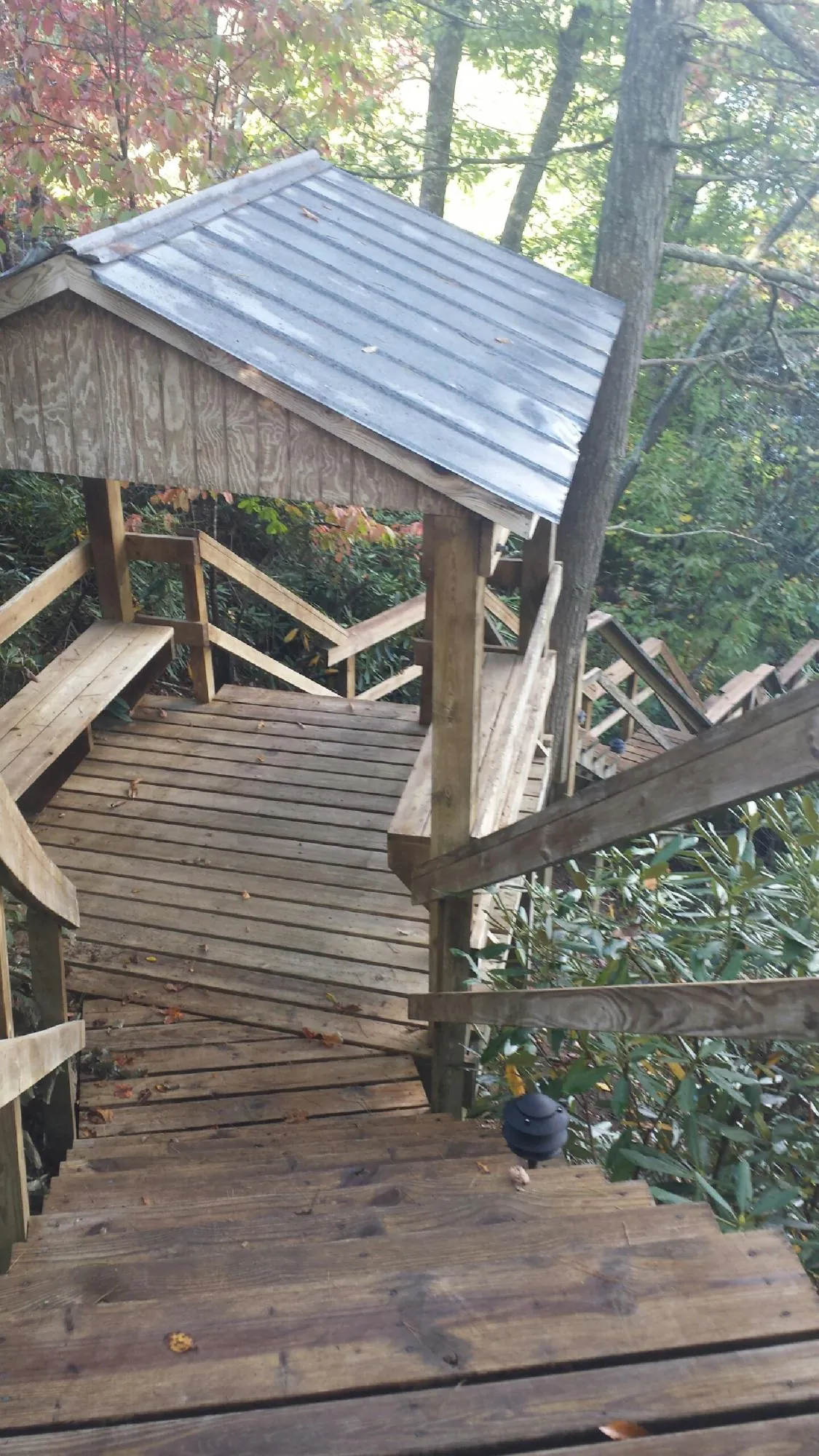 Metal roofed shelter over wooden steps on a wooded walkway — Skylight Repair & Installation work by our crew in Jewett